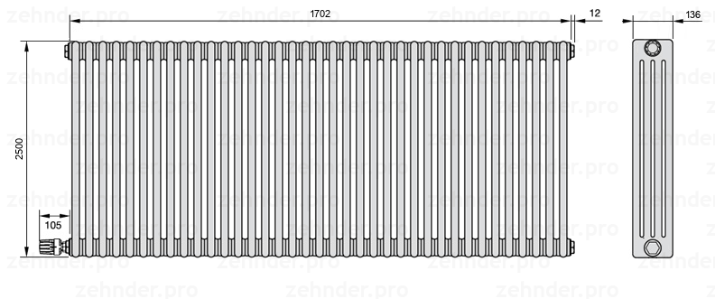 Схема (чертеж) Радиатор Zehnder Charleston 4250/37 №V004 Белый глянцевый RAL 9016
